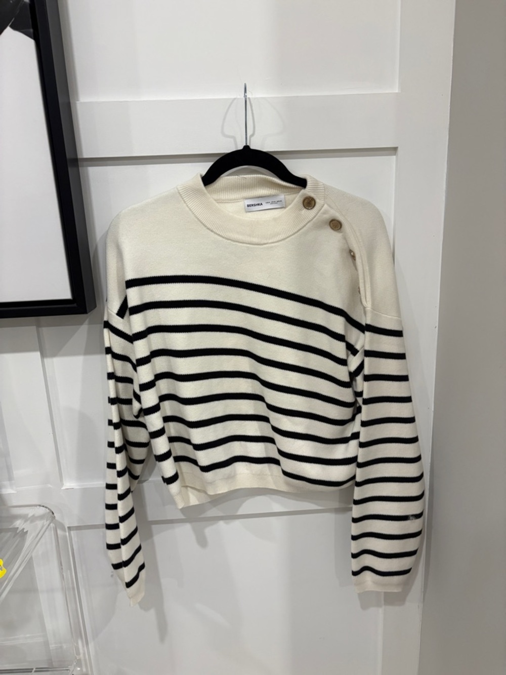 Cropped Striped Button-Shoulder Sweater in Cream and Black